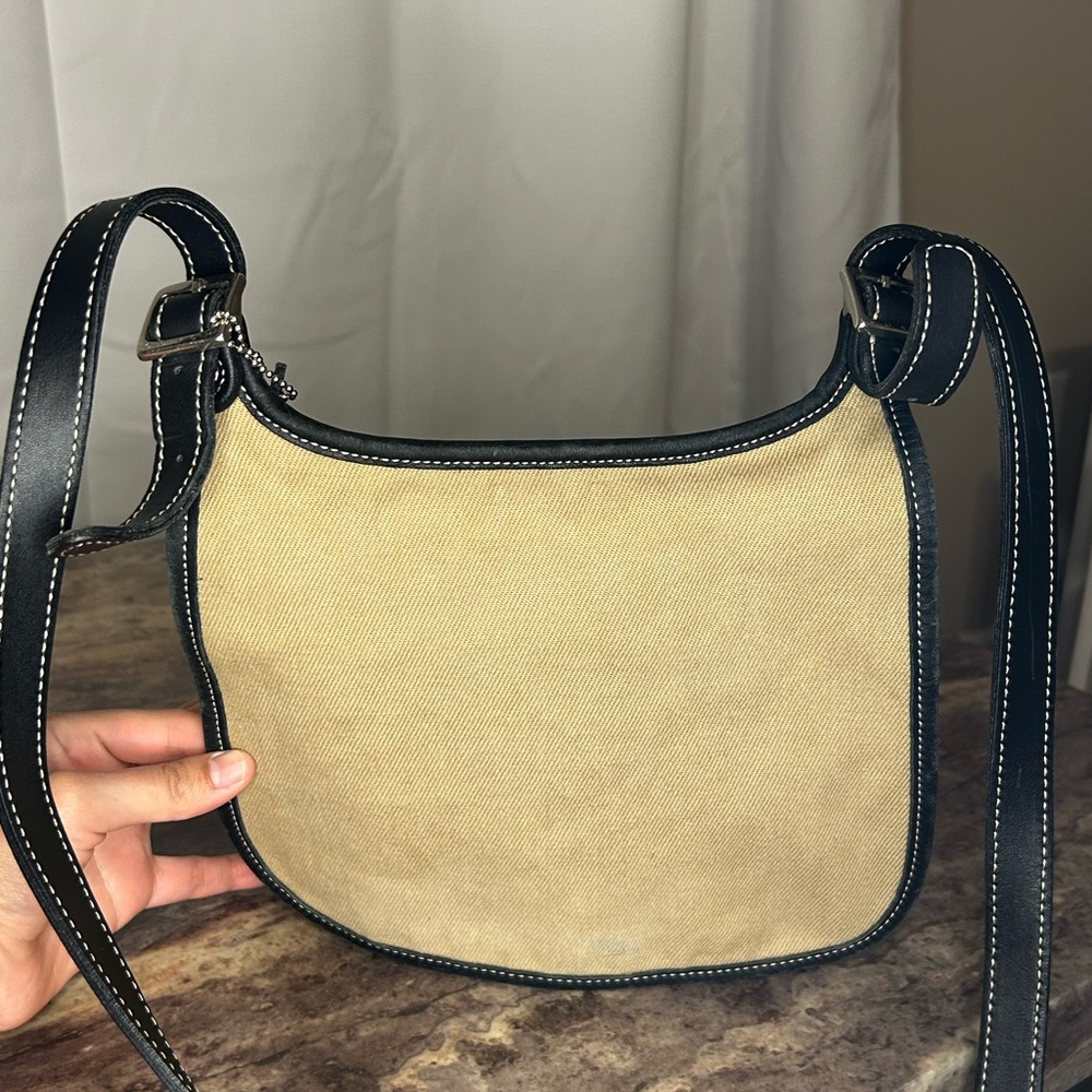 SOLD.    Coach Tan and Black Crossbody Bag with Adjustable Strap